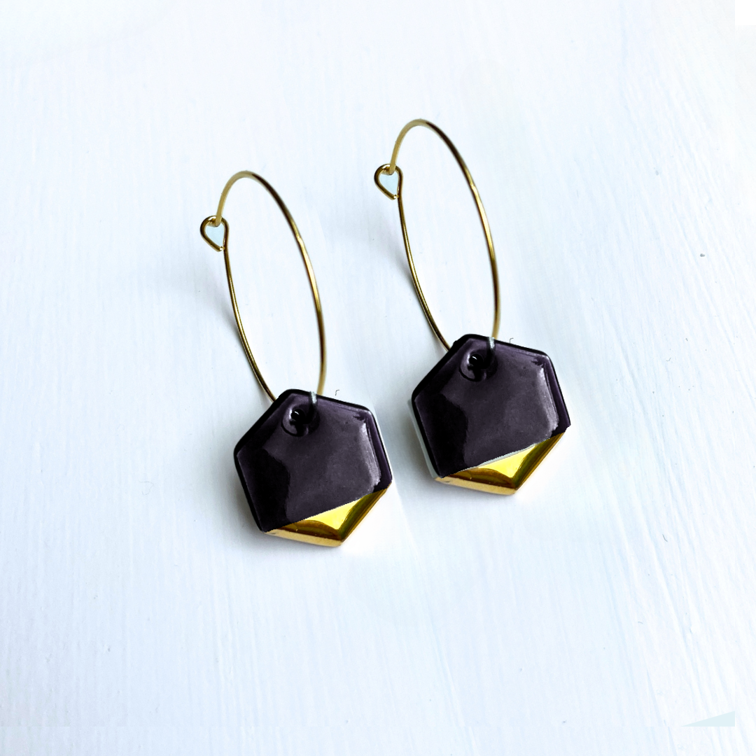 Hoop Earrings with Black Hexagon Charms
