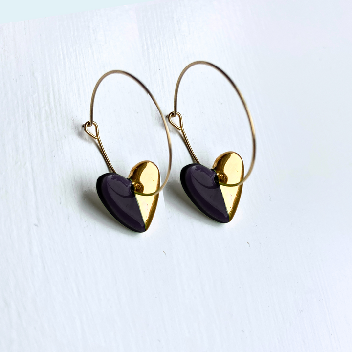 Hoop Earrings with Black Heart Charms