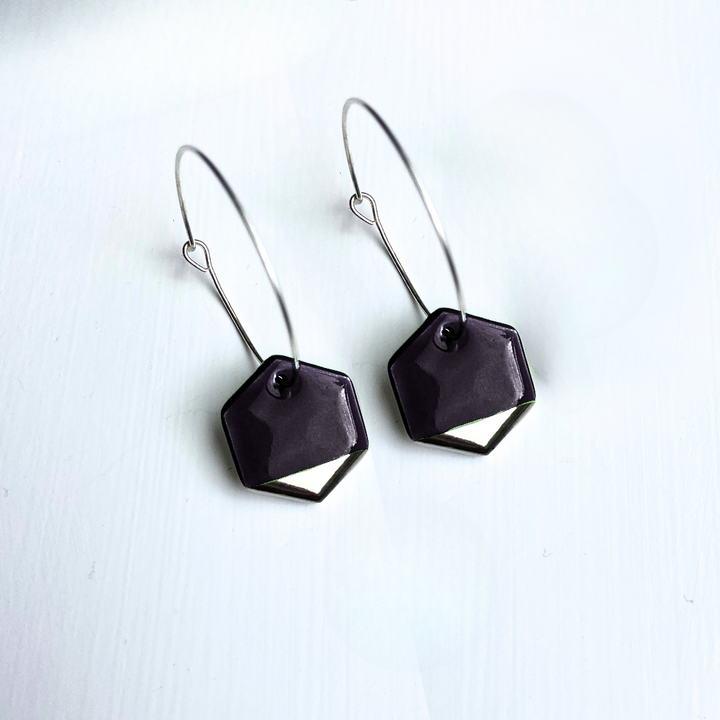 Hoop Earrings with Black Hexagon Charms