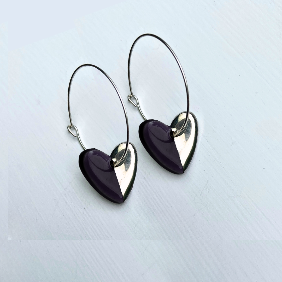 Hoop Earrings with Black Heart Charms