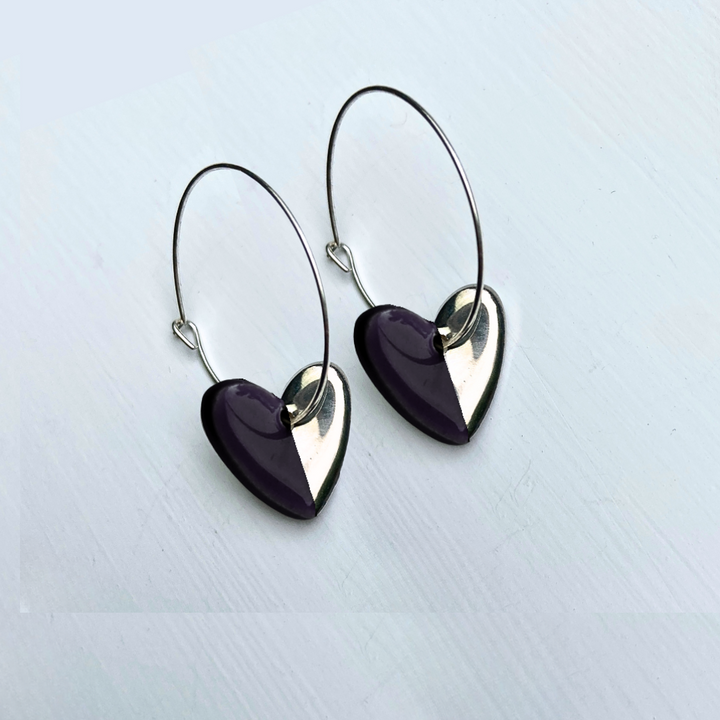 Hoop Earrings with Black Heart Charms