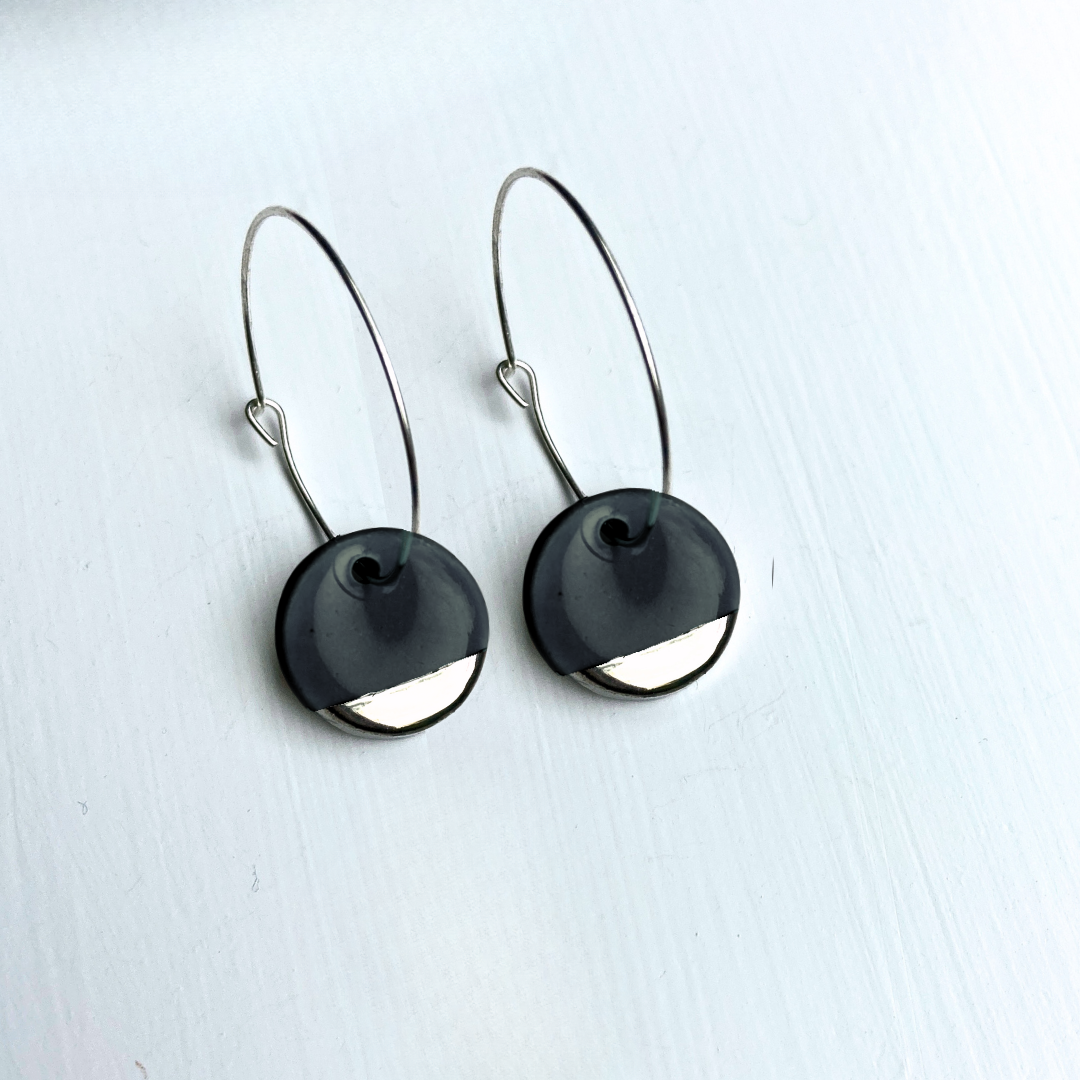 Hoop Earrings with Black Circle Charms
