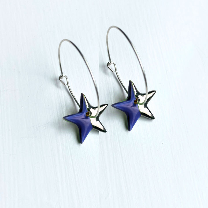 Hoop Earrings with Dark Blue Star Charms