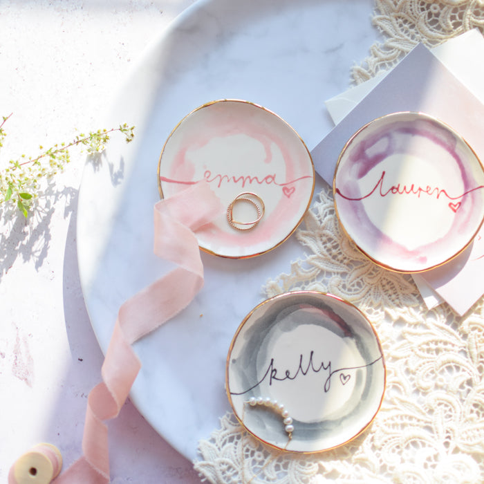 Personalised watercolour trinket dish and stud earrings on a Merry Christmas Card