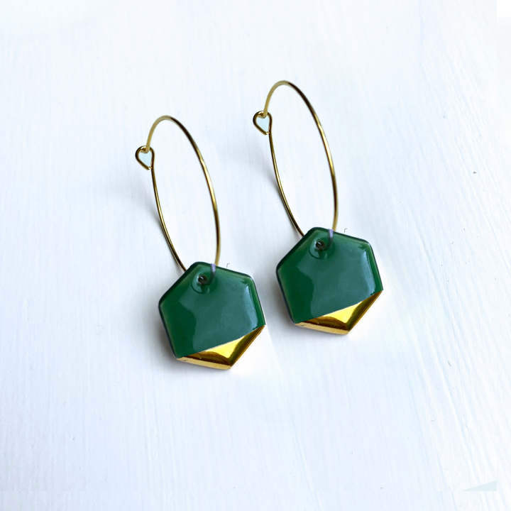 Hoop Earrings with Dark Green Hexagon Charms