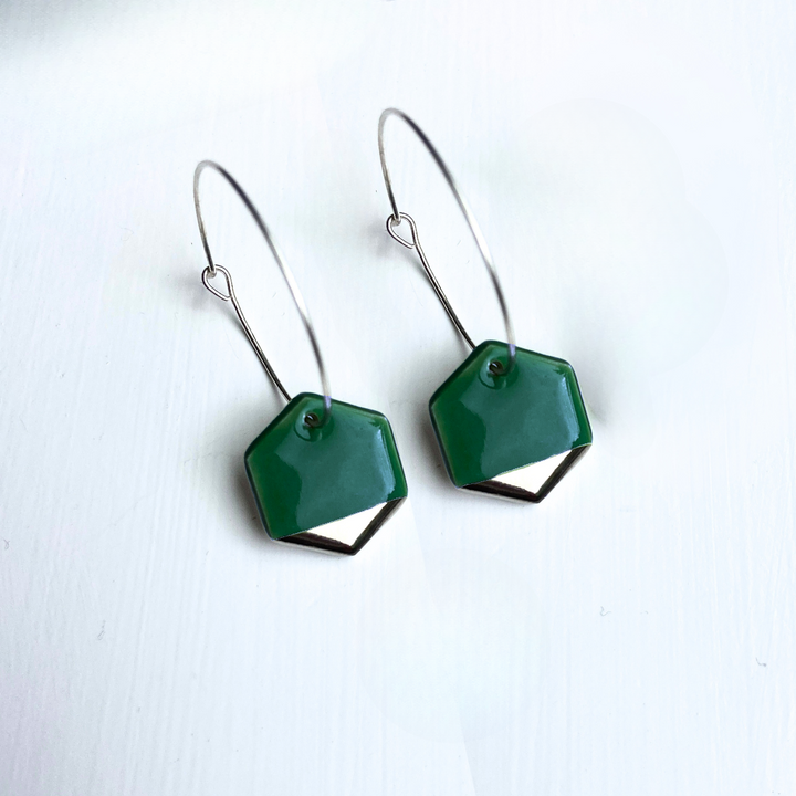Hoop Earrings with Dark Green Hexagon Charms