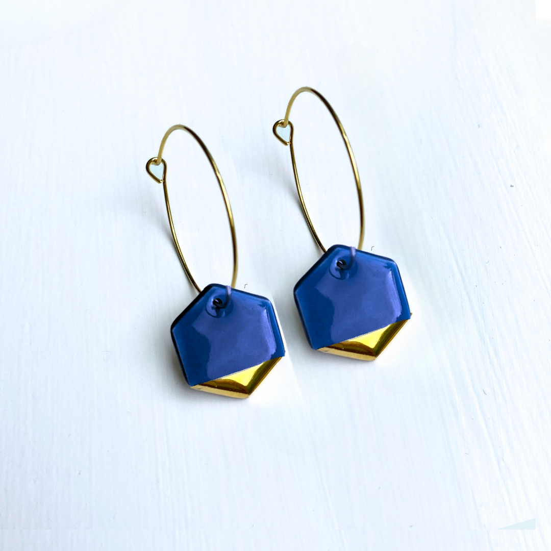 Hoop Earrings with Dark Blue Hexagon Charms