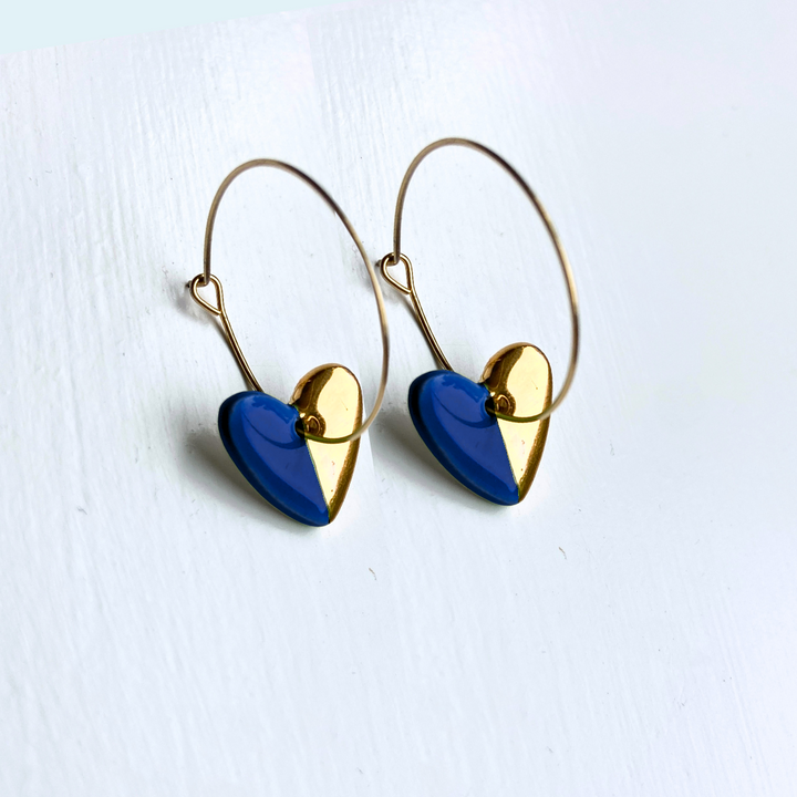 Hoop Earrings with Dark Blue Heart Charms
