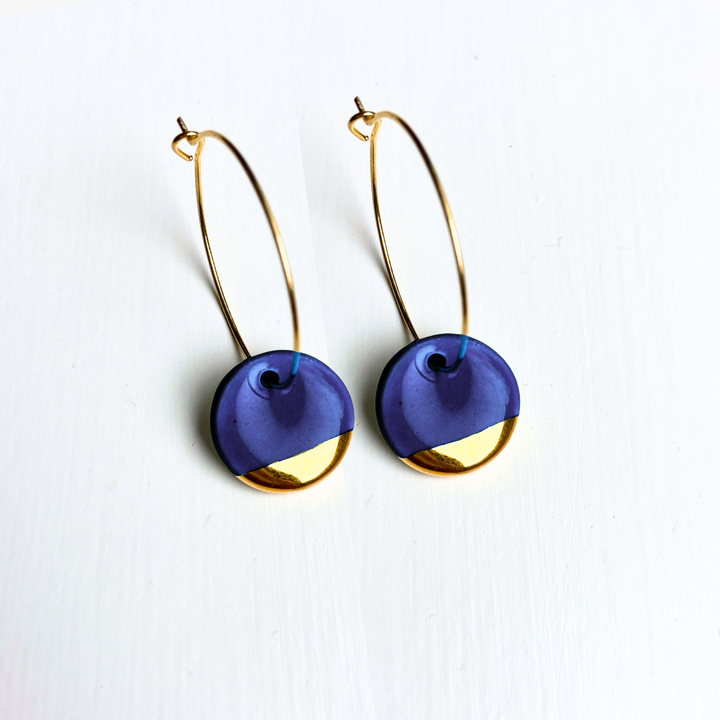 Hoop Earrings with Dark Blue Circle Charms