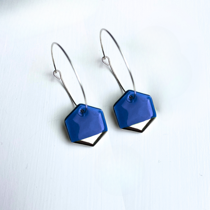 Hoop Earrings with Dark Blue Hexagon Charms