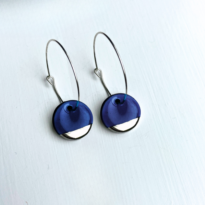 Hoop Earrings with Dark Blue Circle Charms