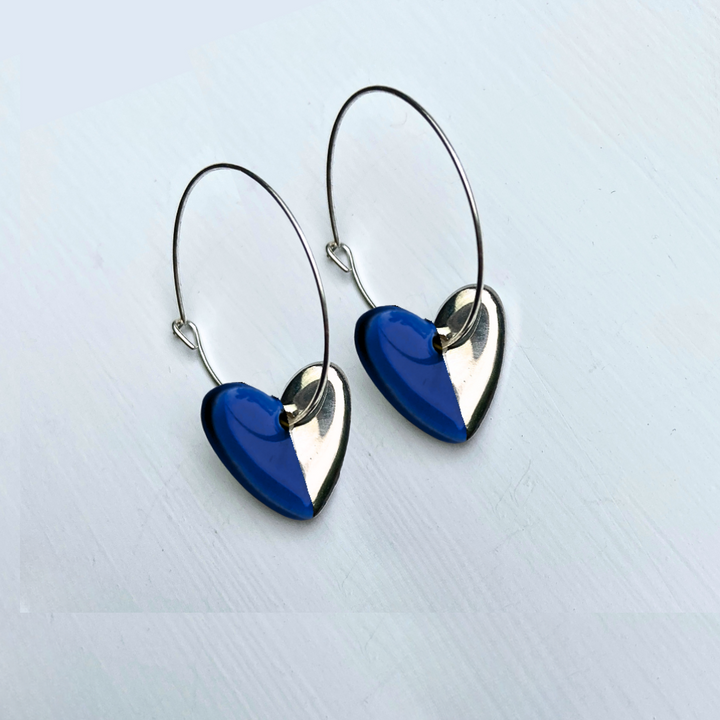 Hoop Earrings with Dark Blue Heart Charms