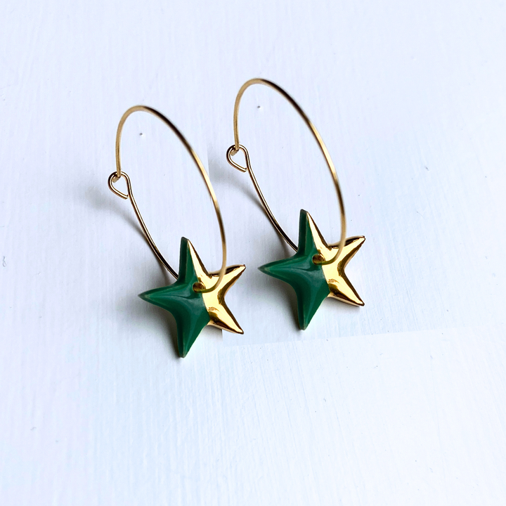 Hoop Earrings with Dark Green Star Charms