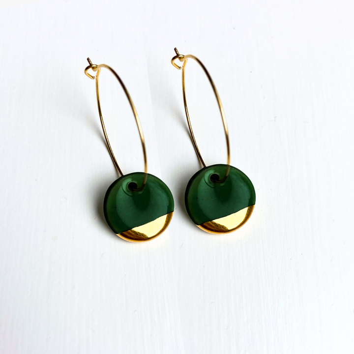 Hoop Earrings with Dark Green Circle Charms