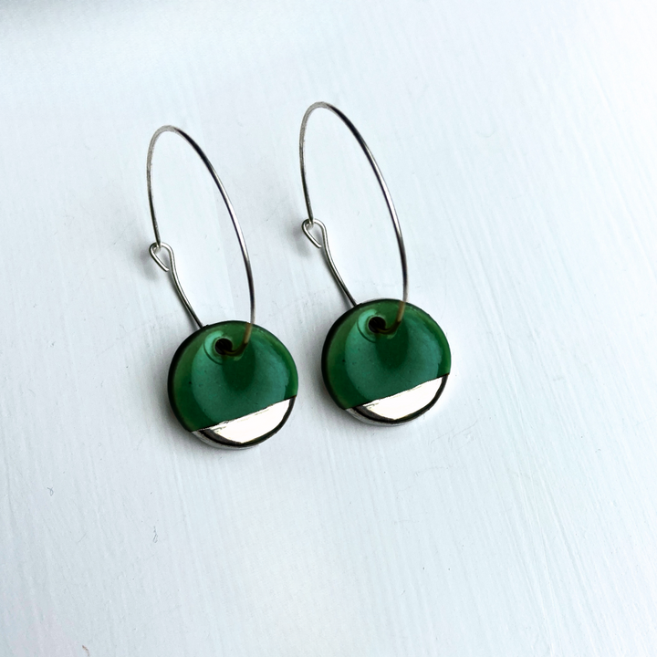 Hoop Earrings with Dark Green Circle Charms