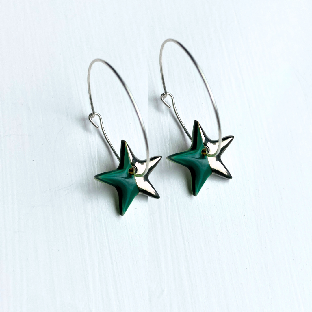 Hoop Earrings with Dark Green Star Charms