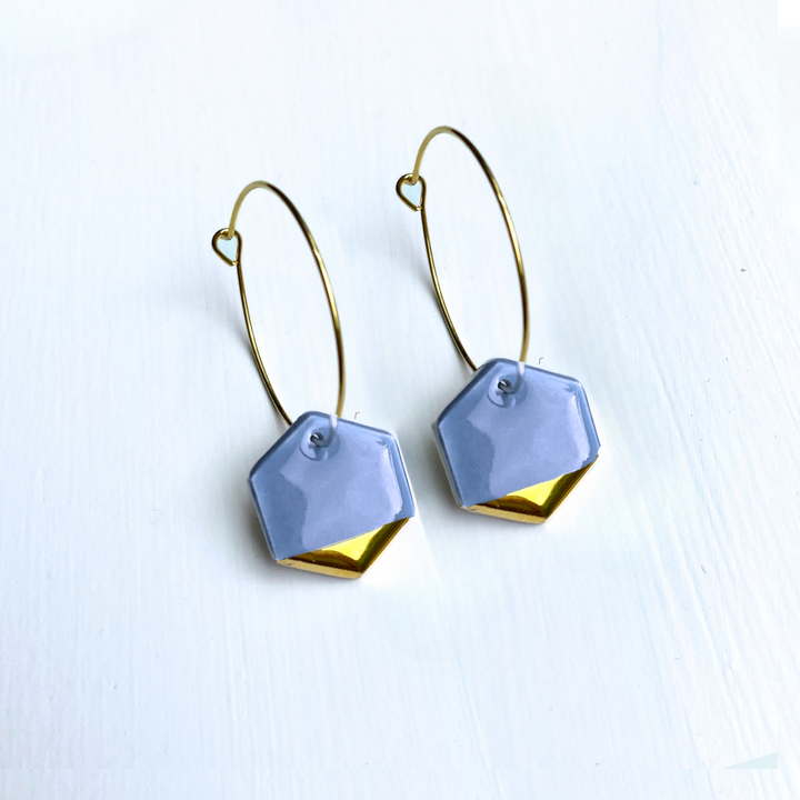 Hoop Earrings with Light Blue Hexagon Charms