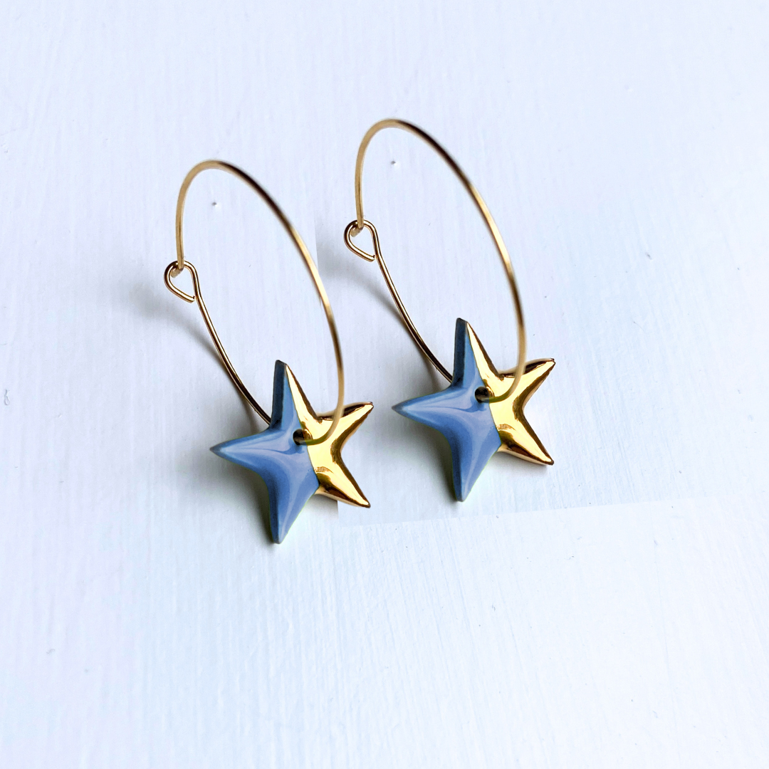 Hoop Earrings with Light Blue Star Charms
