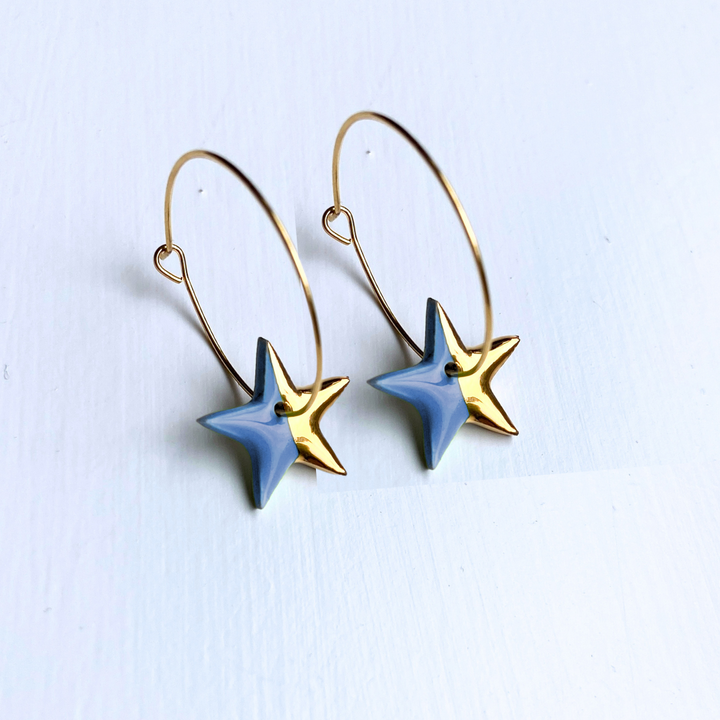Hoop Earrings with Light Blue Star Charms