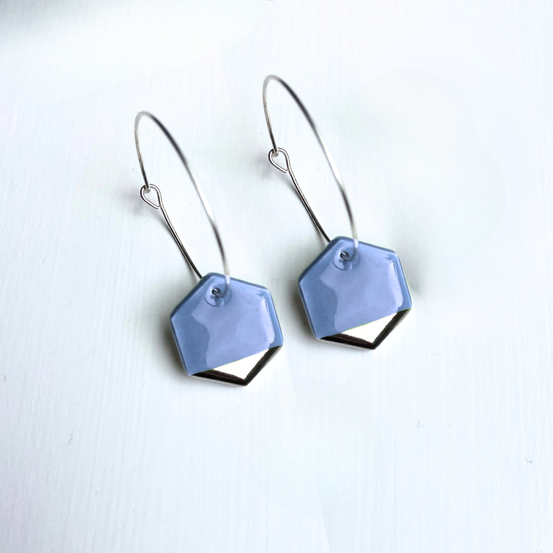 Hoop Earrings with Light Blue Hexagon Charms