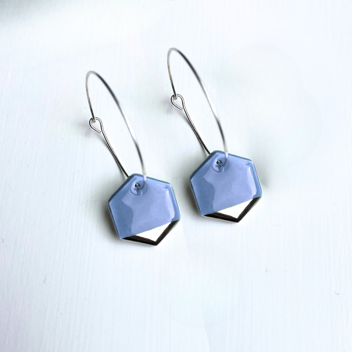 Hoop Earrings with Light Blue Hexagon Charms