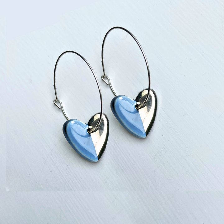 Hoop Earrings with Light Blue Heart Charms