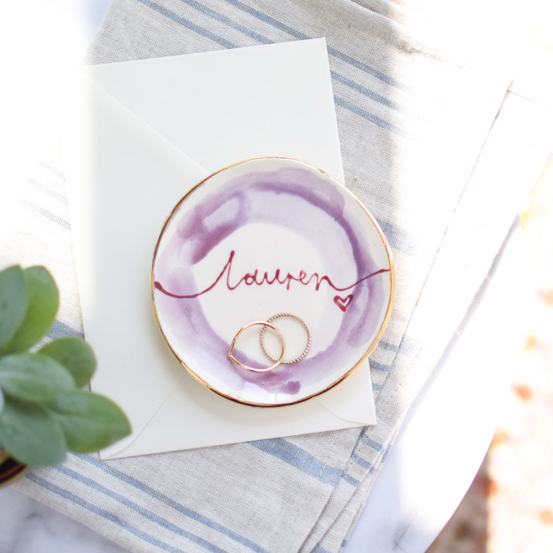 Personalised watercolour trinket dish and stud earrings on a Merry Christmas Card