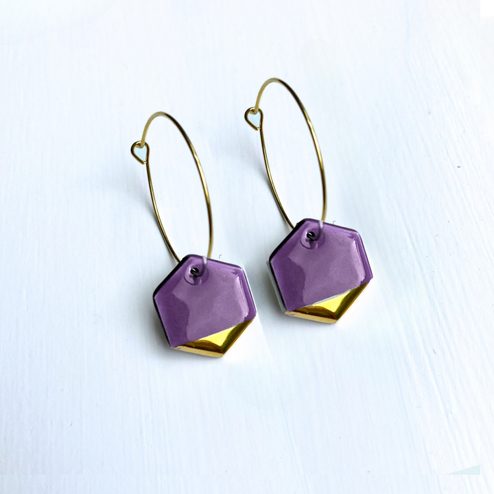 Hoop Earrings with Purple Hexagon Charms