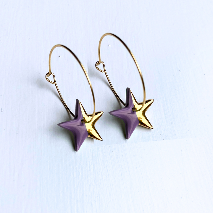 Hoop Earrings with Purple Star Charms