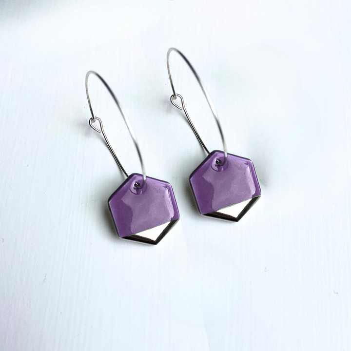 Hoop Earrings with Purple Hexagon Charms
