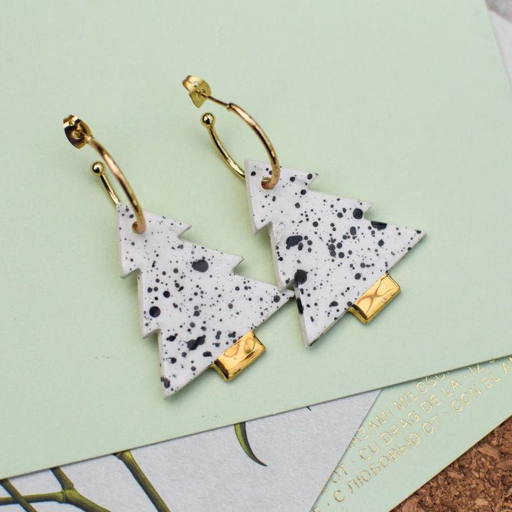 Black and White Spotty and Gold Ceramic Christmas Tree charms with Hoops