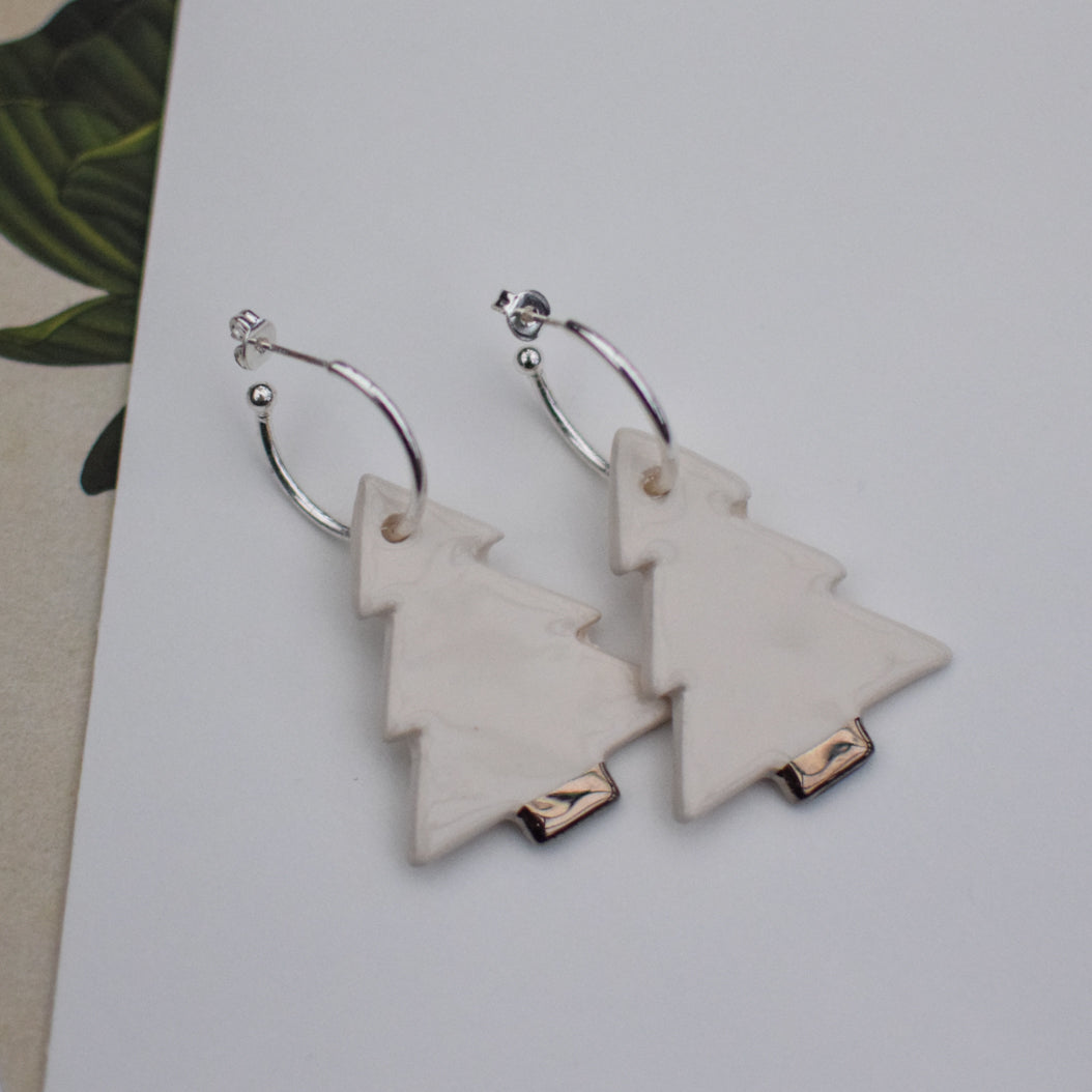 White  and Silver Ceramic Christmas Tree charms with Hoops