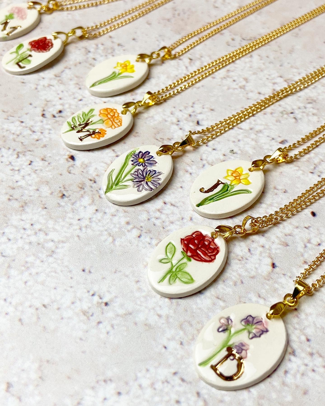 Hand Painted birth flower necklace and ceramic earrings gift set