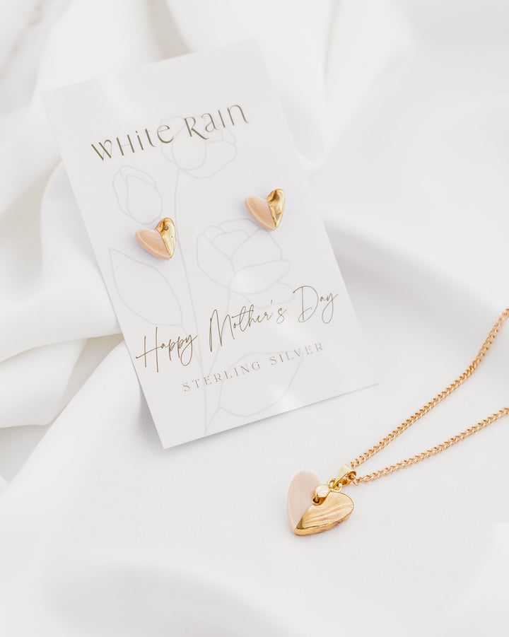 Heart shape Ceramic necklace and earrings gift set on a Mother’s Day earring card