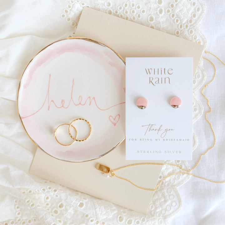 Personalised Watercolour Style Painted Bridesmaid Trinket dish and earrings gift set