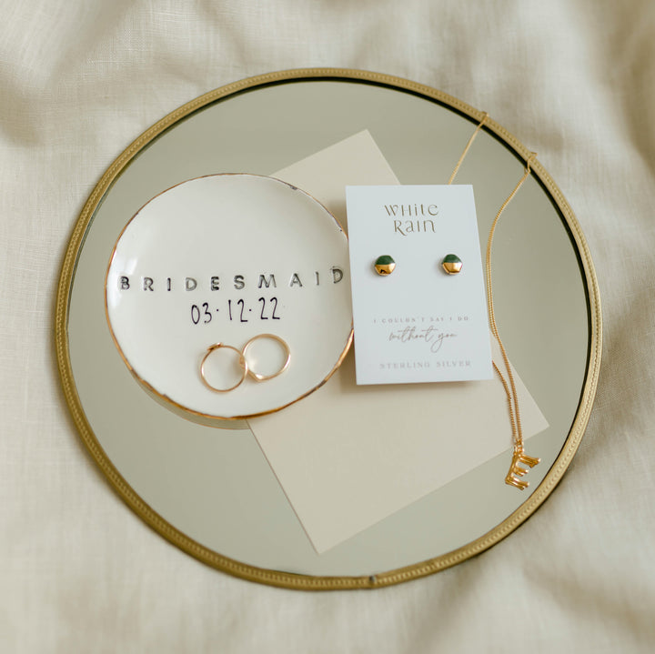 Personalised Circle Shape Bridesmaid Trinket dish and earrings gift set