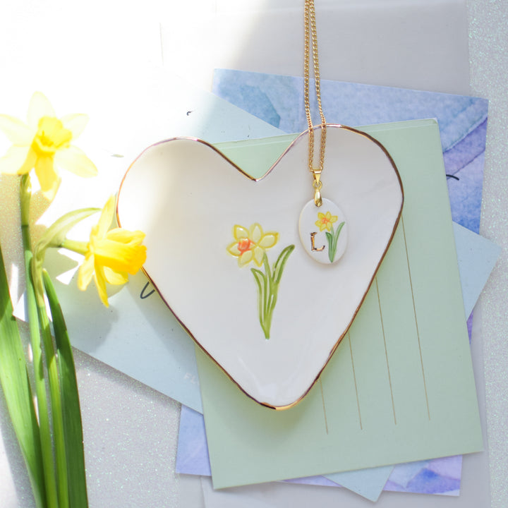 Daffodil trinket dish and necklace set