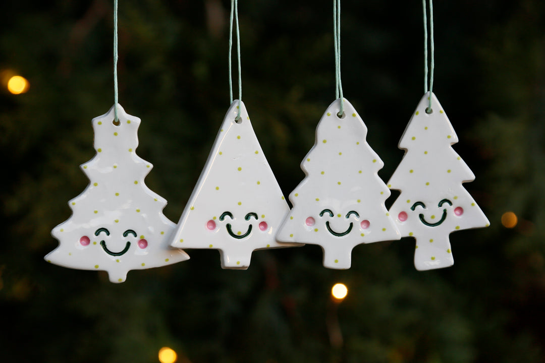 Set 4 Christmas Tree Ornaments with cute smiley faces