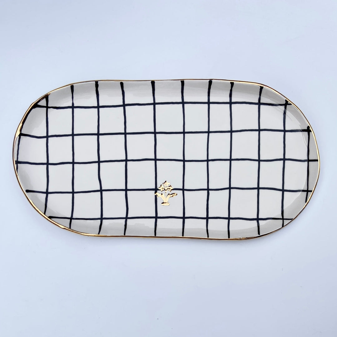 Oval Platter with Black Checkered Pattern and Gold Flower Motif Stamp