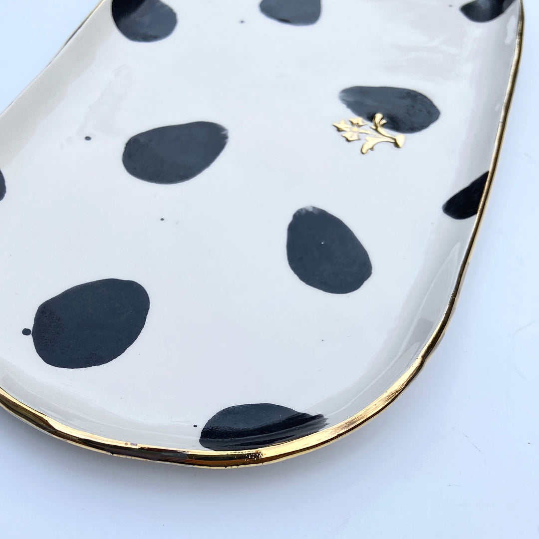 Oval Platter with Black Spots and Gold Flower Motif Stamp