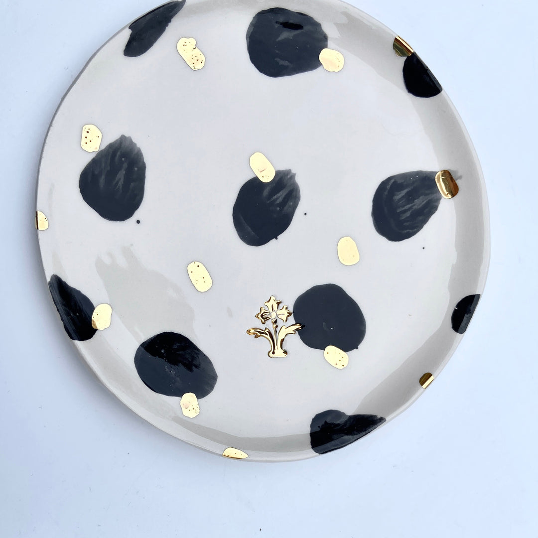 Side Plate with Black and gold Spots and Gold Flower Motif Stamp