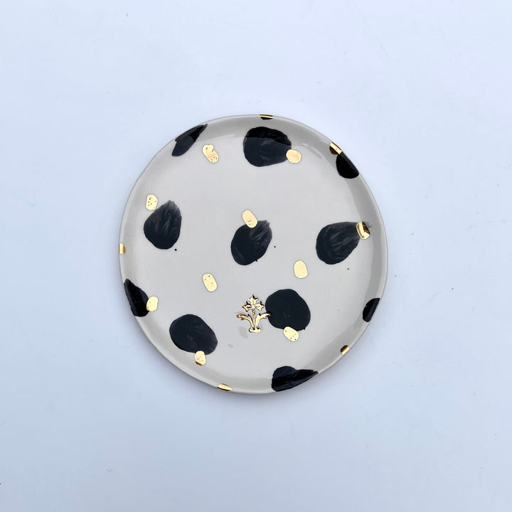 Side Plate with Black and gold Spots and Gold Flower Motif Stamp