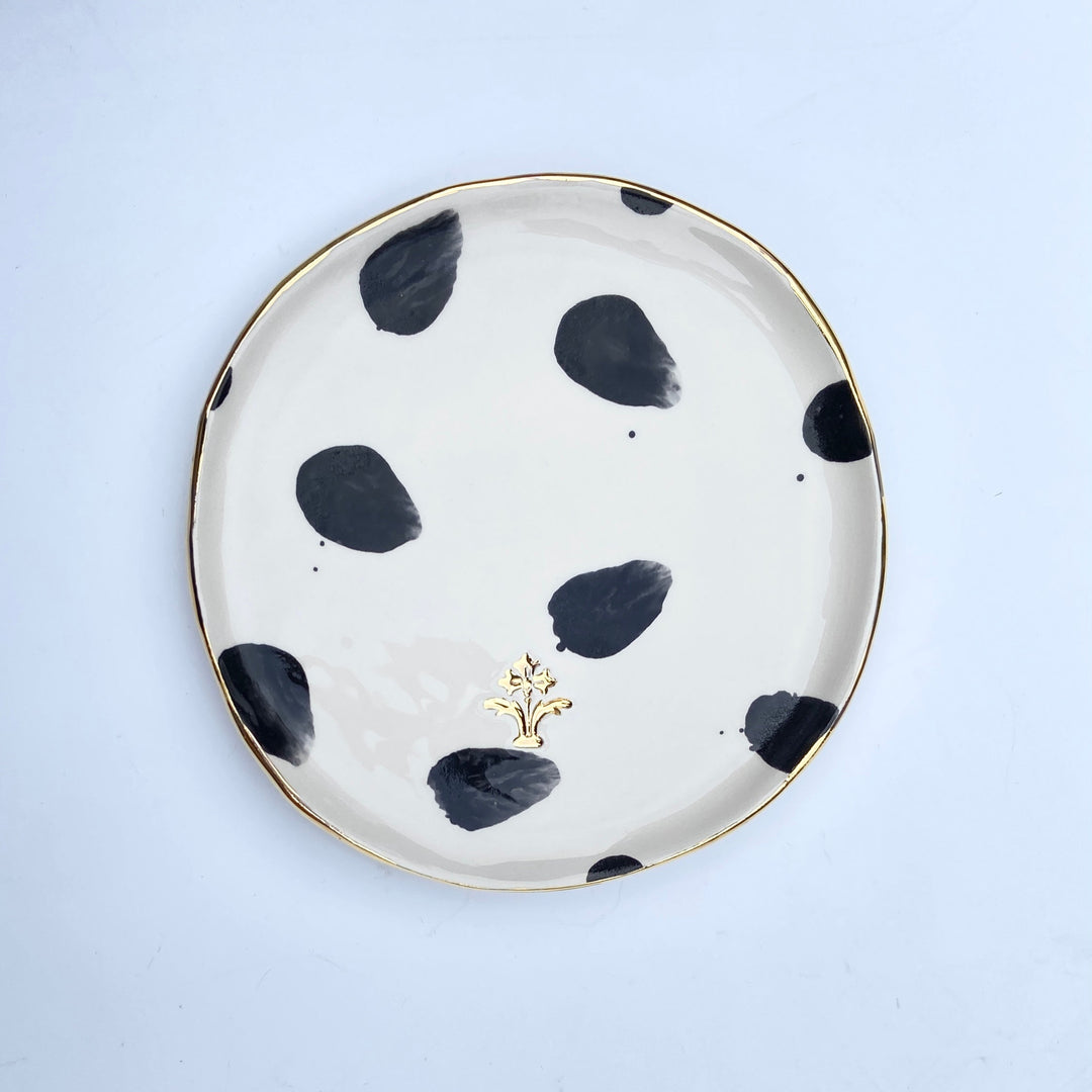 Side Plate with Black Spots and Gold Flower Motif Stamp