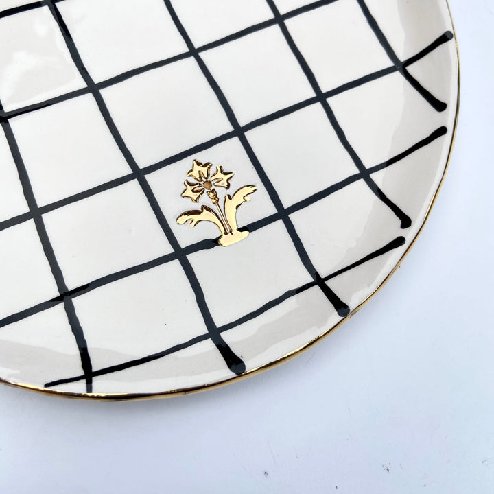 Side Plate with Checkered Black Pattern and Gold Flower Motif Stamp