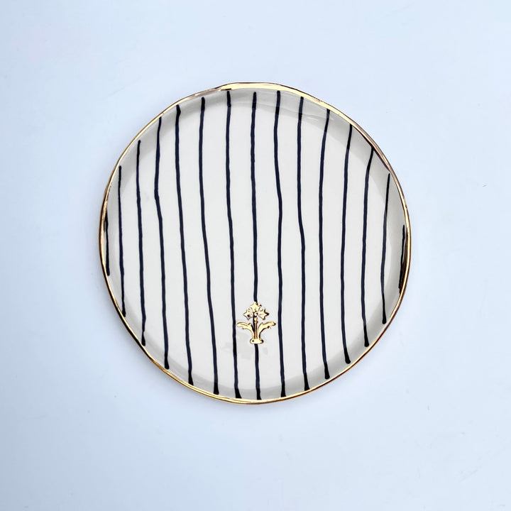 Side Plate with Black Stripes and Gold Flower Motif Stamp