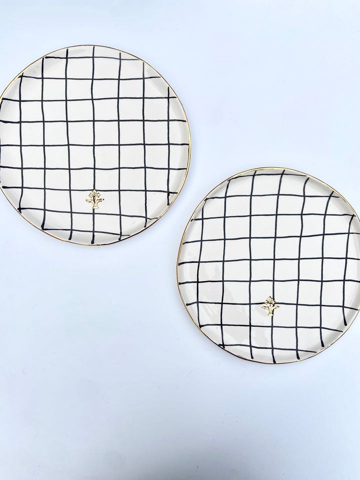 Large Serving Plate with Black Checkered Pattern and Gold Flower Motif Stamp