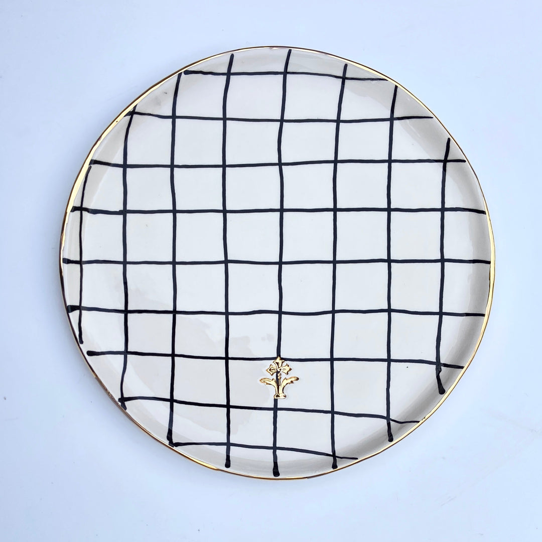 Large Serving Plate with Black Checkered Pattern and Gold Flower Motif Stamp
