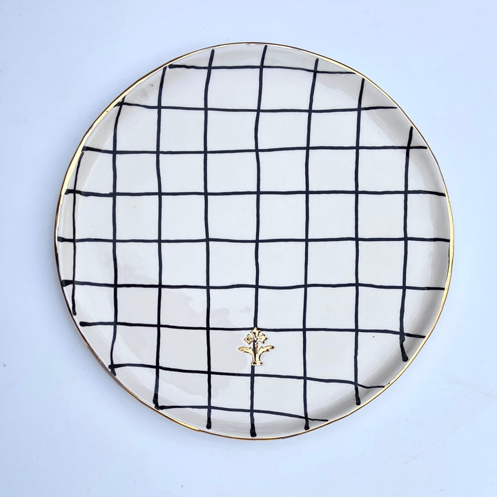 Large Serving Plate with Black Checkered Pattern and Gold Flower Motif Stamp