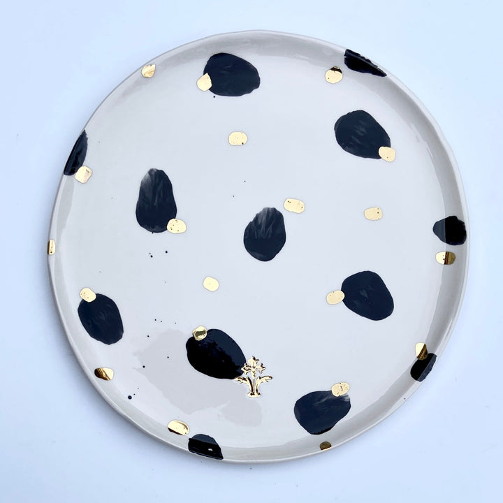 Large Serving Plate with Black and Gold Spots and a Gold Flower Motif Stamp