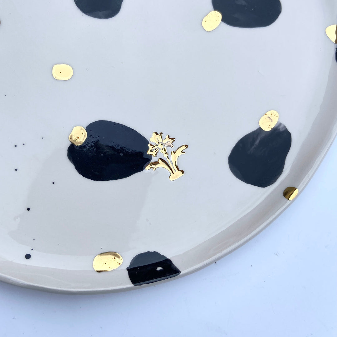 Large Serving Plate with Black and Gold Spots and a Gold Flower Motif Stamp